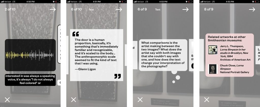 Screenshots of the Hirshhorn Eye videoguide. Four mobile screens depict the content features, including an artist quote and an audio file.