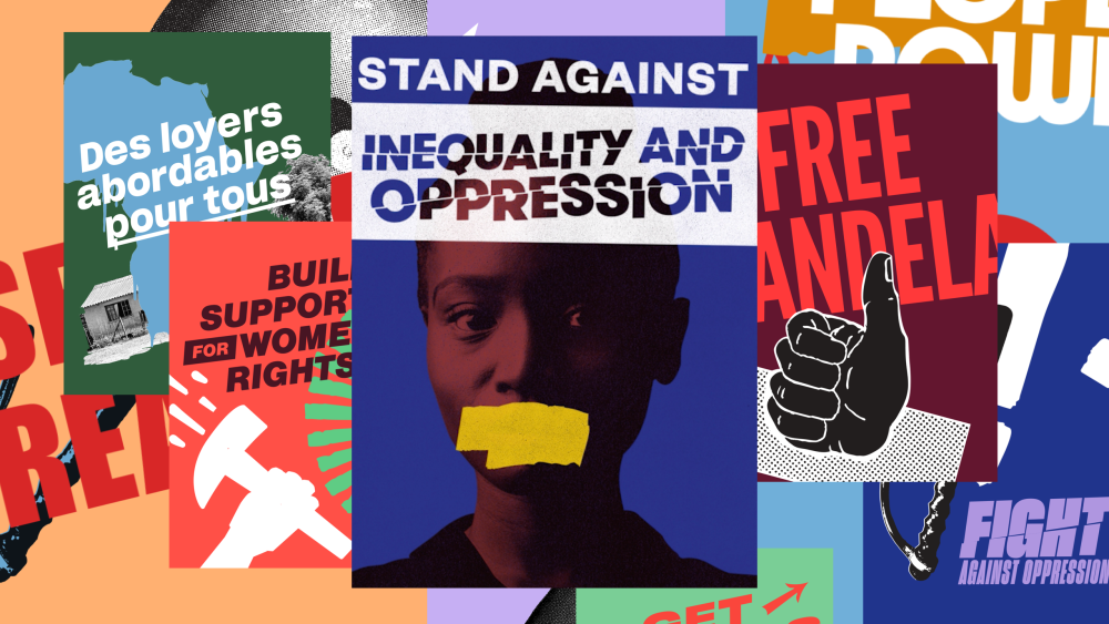 Stack of posters with collages of images and protest slogans.