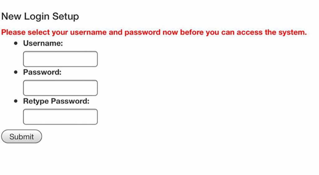 Landing page for initial username and password set up