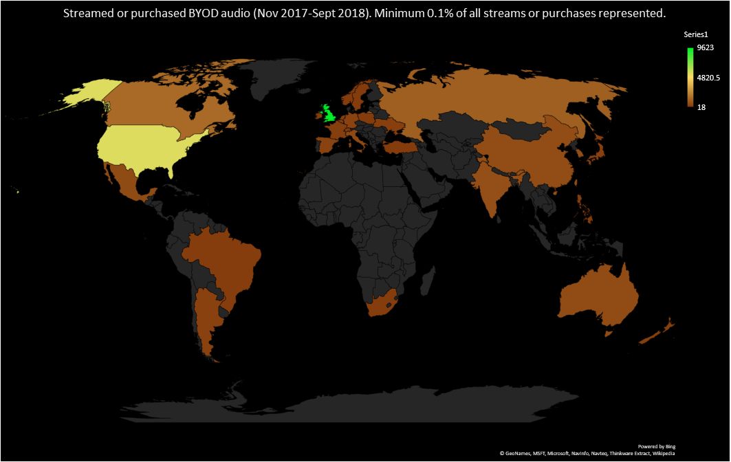 A map showing number of streams purchased.