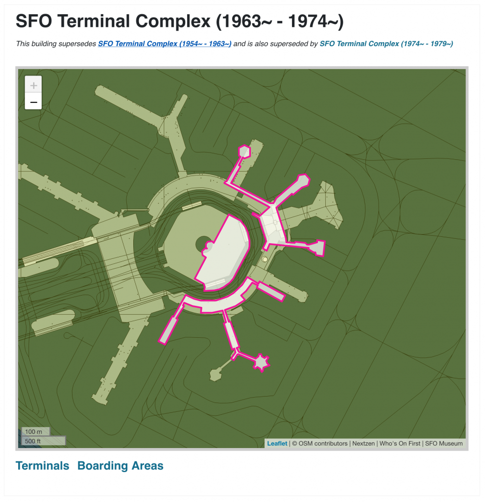 Screenshot of the SFO Museum web page for the SFO Terminal Complex c. 1963-74 showing the geographic footprint of the airport at the time overlaid on the airport's contemporary footprint.