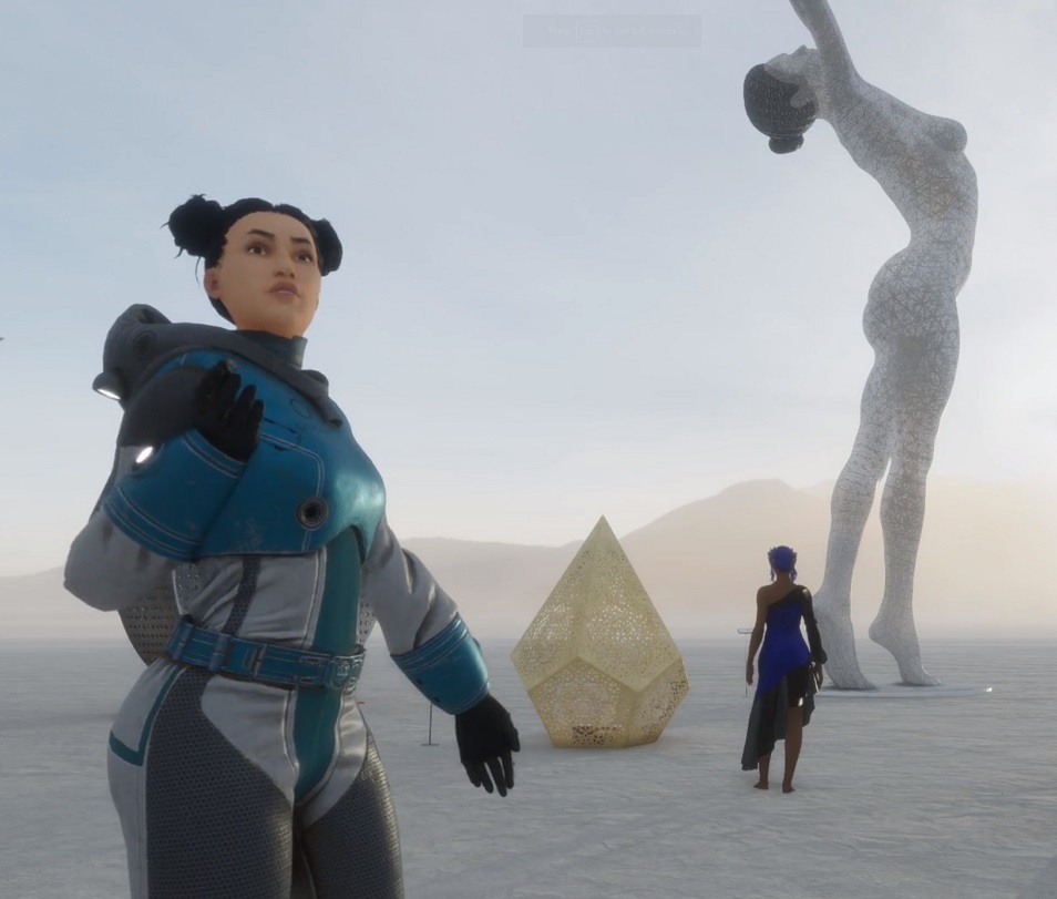 Animated, realistic female figure in a spacesuit, standing in a desert landscape near a large scale sculpture of a nude woman